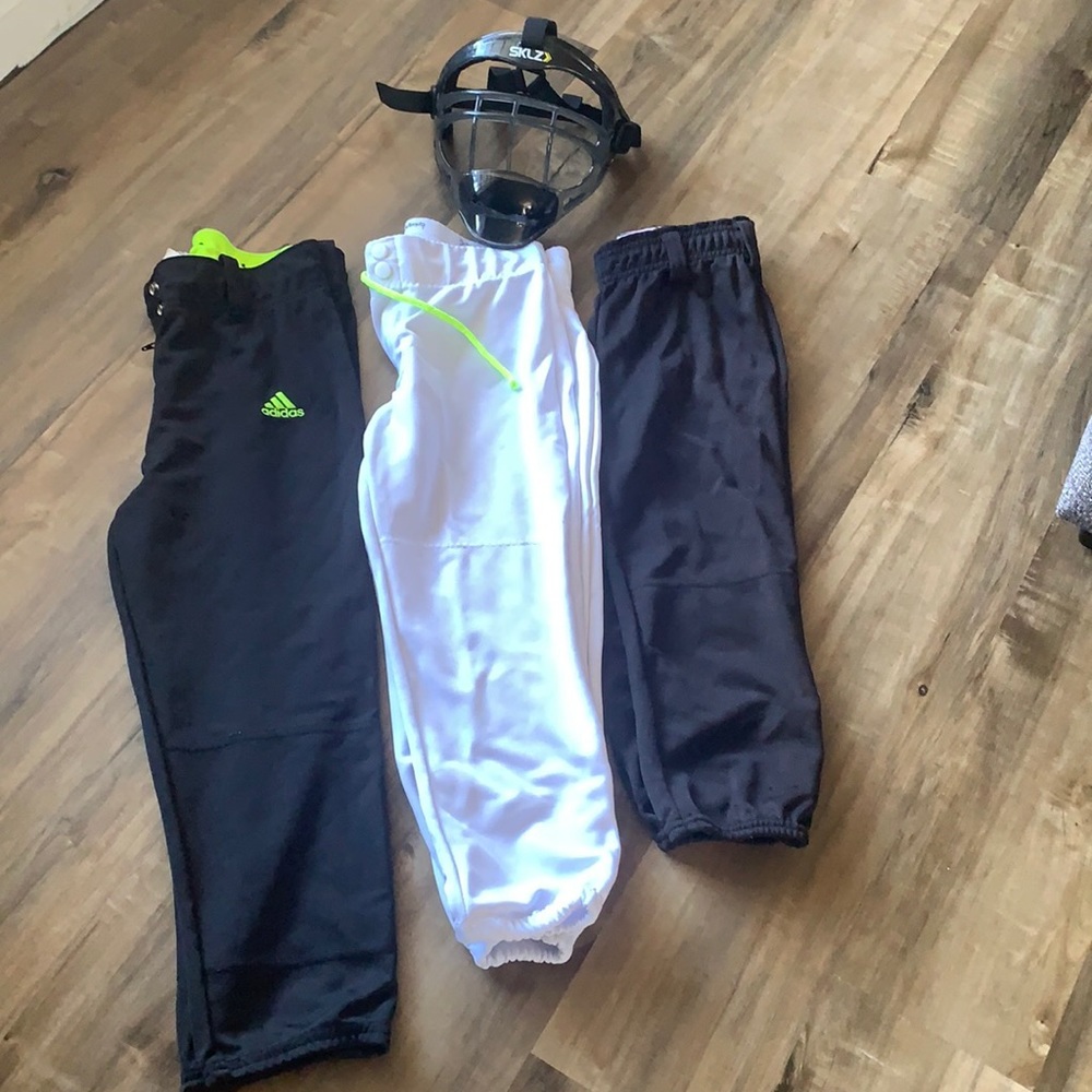 Girls softball bundle 3 pants sizes 8-12, 1 youth face guard